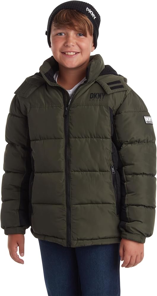 DKNY Boys Heavyweight Winter Coat - Water Resistant Insulated Fleece Lined Quilted Puffer Ski Jacket with Hat