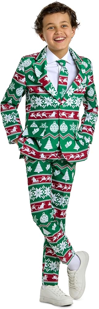 SUITMEISTER Boys Christmas Suit - Festive Ugly X-Mas Clothing Holiday Print - Includes Blazer, Pants - Tie