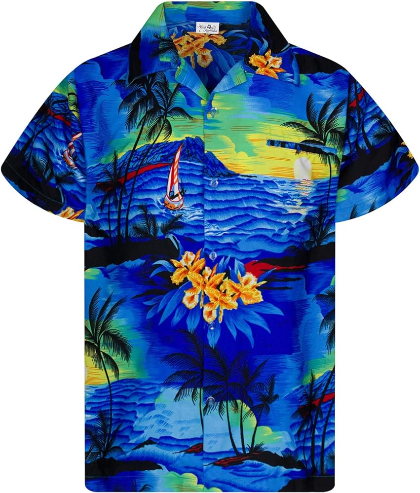 KING KAMEHA Funky Casual Hawaiian Shirt for Kids Boys and Girls Front Pocket Shortsleeve Unisex Pineapple Flowers Print