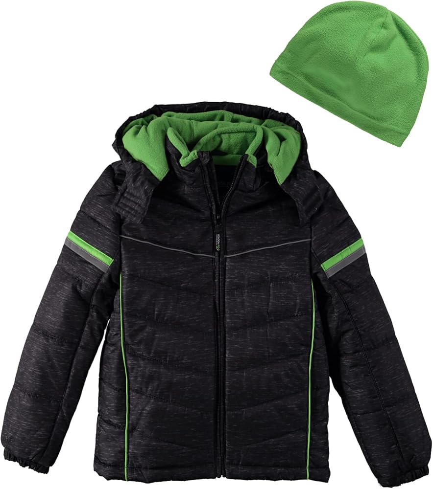 LONDON FOG Boys' Big Active Puffer Jacket Winter Coat, Black Space Dyed with Green, 8