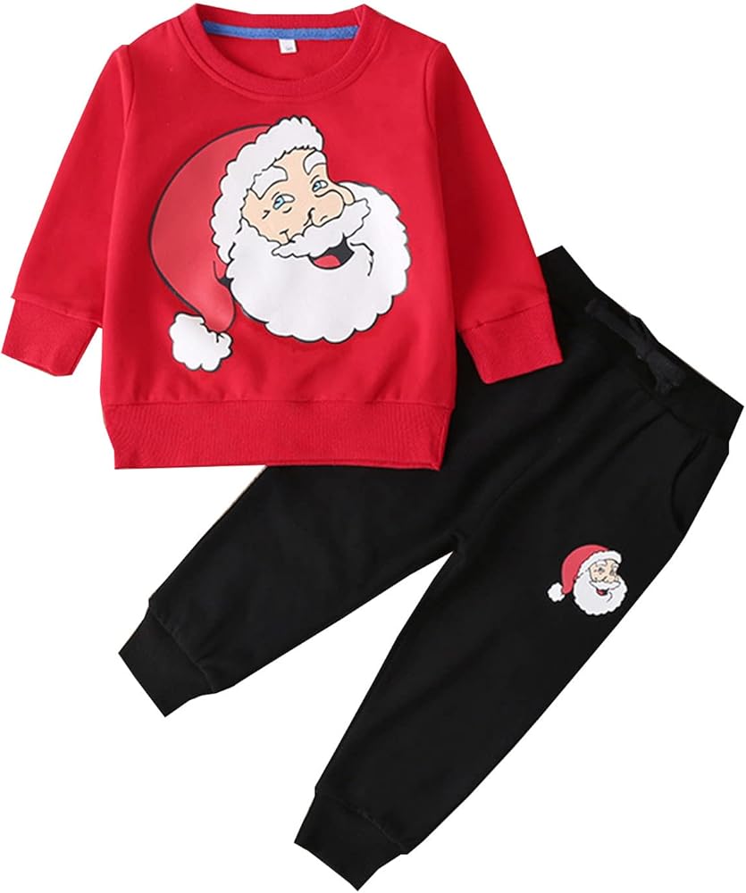 Boys Sweatsuit Set Toddler Boys Winter Long Sleeve Red Santa Prints Tops Pants 2PCS Outfits Clothes Set For Babys