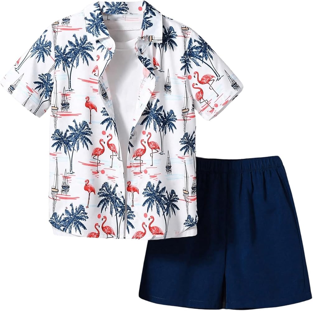 MakeMeChic Boy's 2 Piece Outfit Tropical Print Short Sleeve Button Down Shirt and Elastic Waist Shorts Set