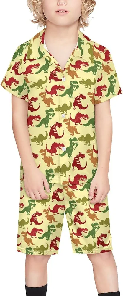 Dinosaurs Dino Animal Boy's Beach Suit Set Hawaiian Shirts and Shorts Short Sleeve 2 Piece Funny