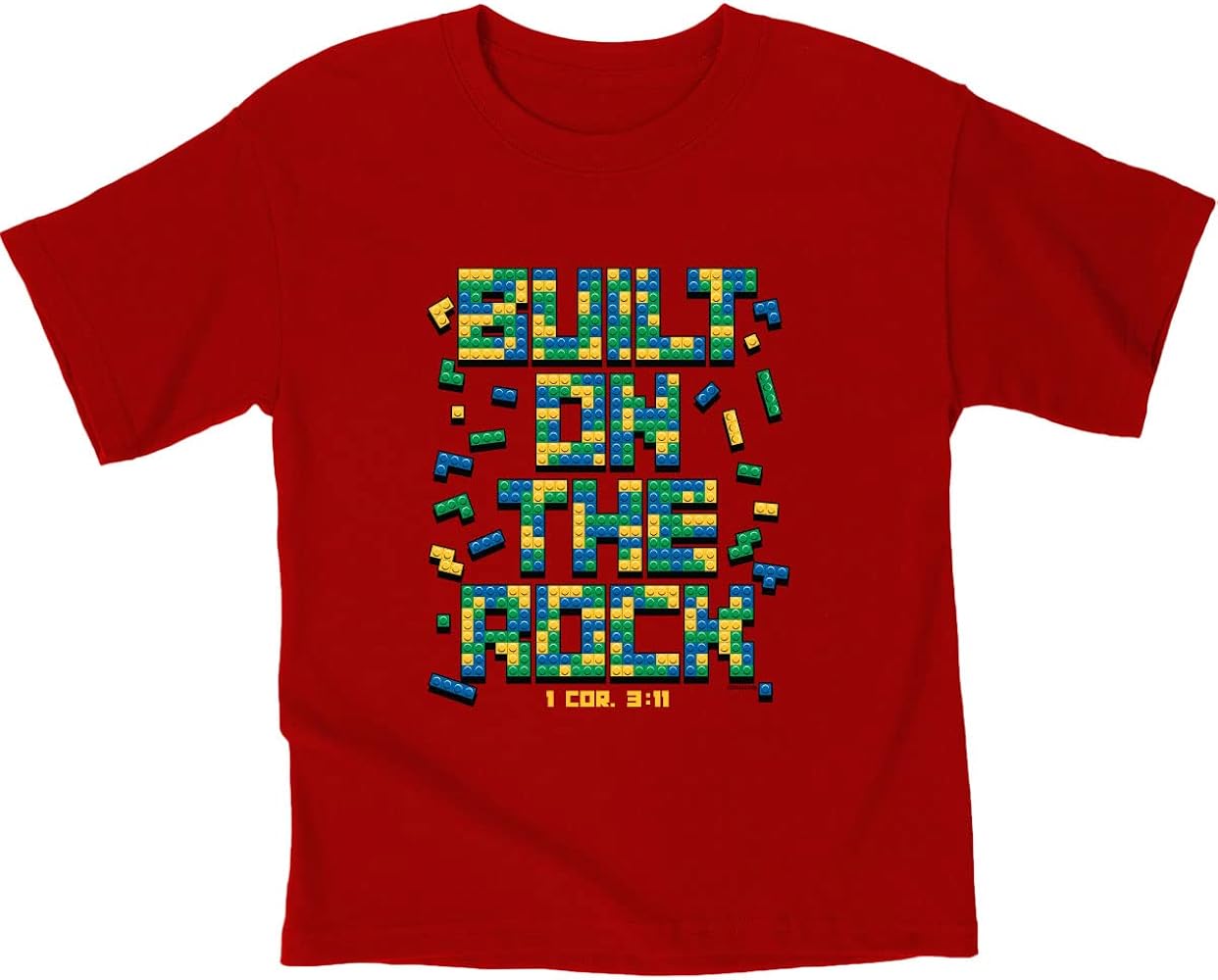 Kerusso Built On The Rock Brick Blocks Red Cotton Kids' Crew Neck T-Shirt, 4T