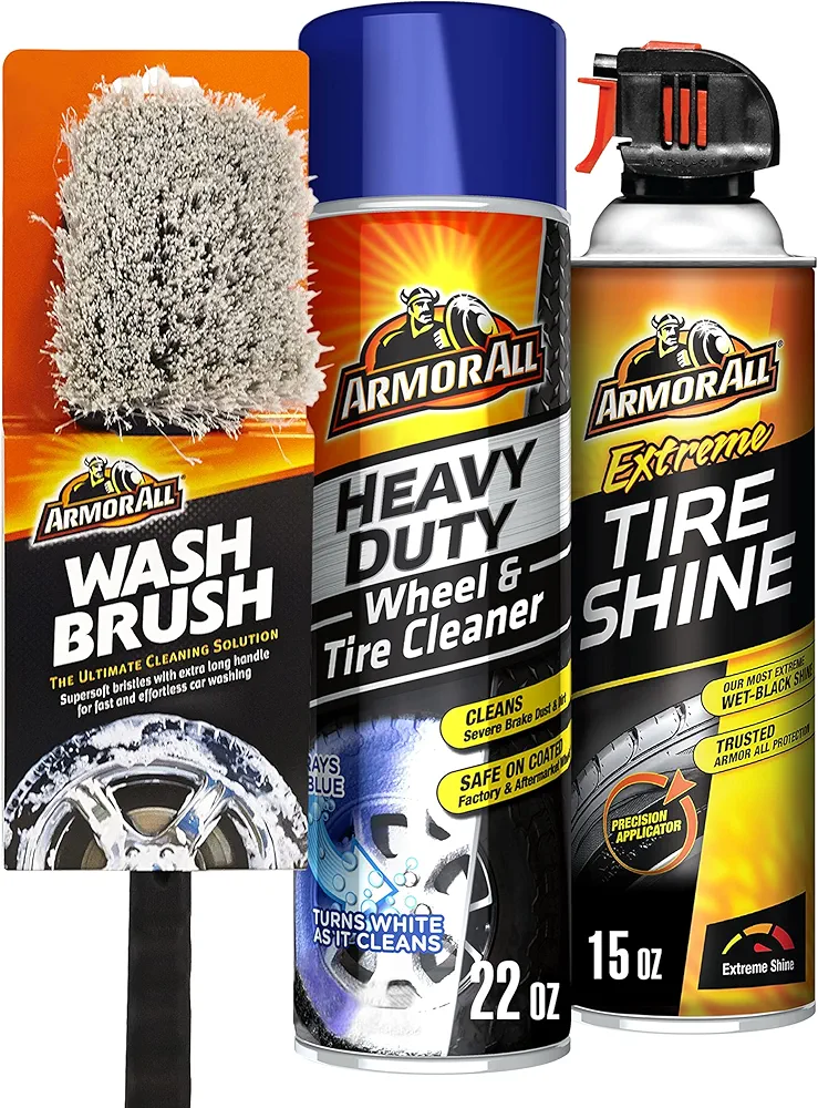 Armor All Wheel and Tire Cleaner and Tire Shine Kit, Heavy Duty Car Wheel Cleaner, Extreme Tire Shine Spray and Wash Brush - 3 Count