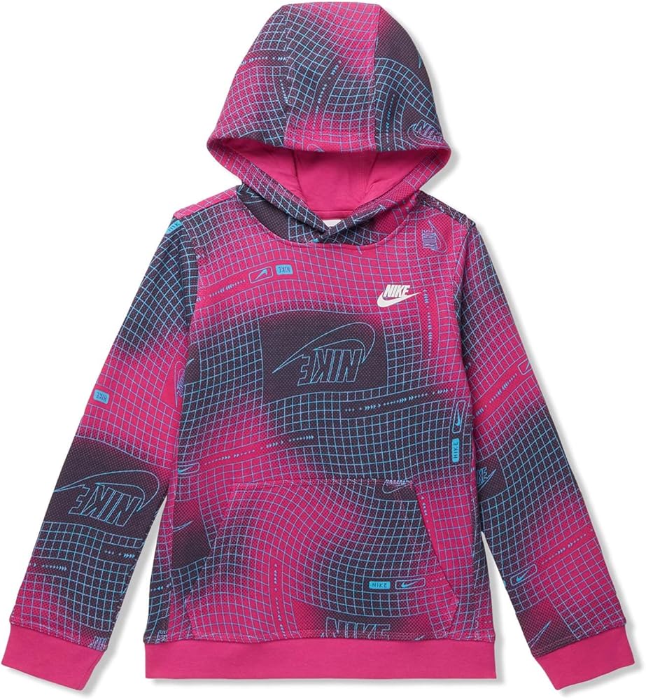 Nike Boy's NSW Club All Over Print Pullover Hoodie (Little Kids/Big Kids) Active Fuchsia/Active Fuchsia/Photo Blue LG (14-16 Big Kid)