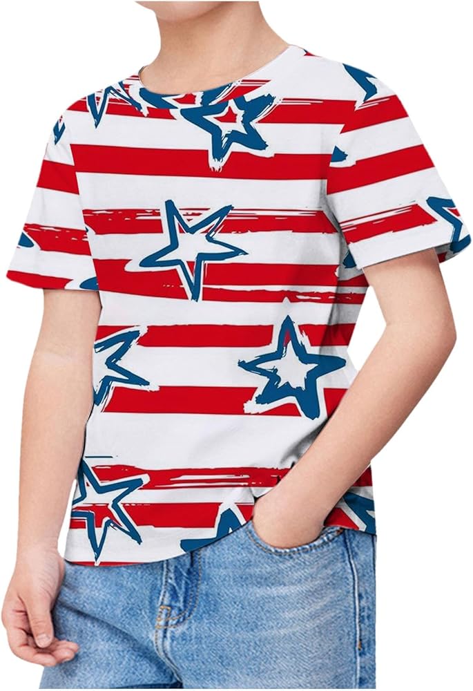 Boys Girls 4th of July Toddler Tees Patriotic Print Tops Tee Casual Short Sleeve Round Neck Independence Day Shirts Unisex