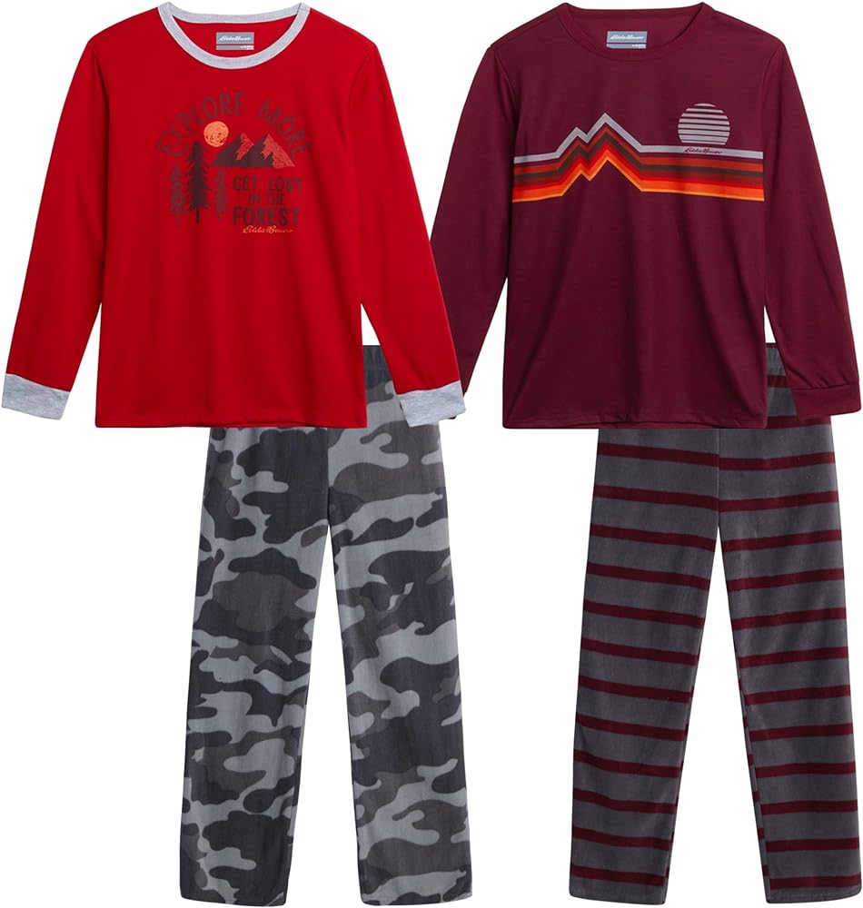 Eddie Bauer Boys' Pajama Set - Cozy Fleece Winter Sleepwear Set - 4 Piece Long Sleeve Shirt and Pants (Sizes: 5-12)