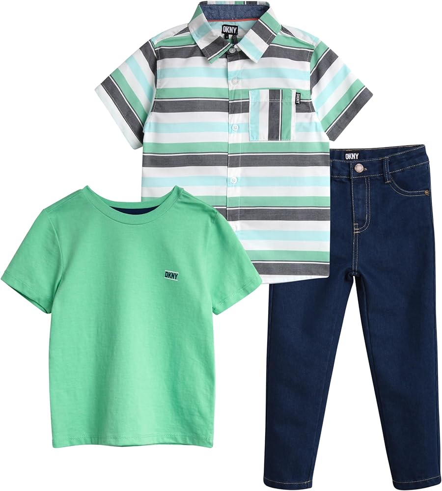 DKNY Boys' Pants Set - 3 Piece Short Sleeve Button Down Shirt, T-Shirt, and Denim Jeans - Outfit Set for Toddler Boys (2T-7)