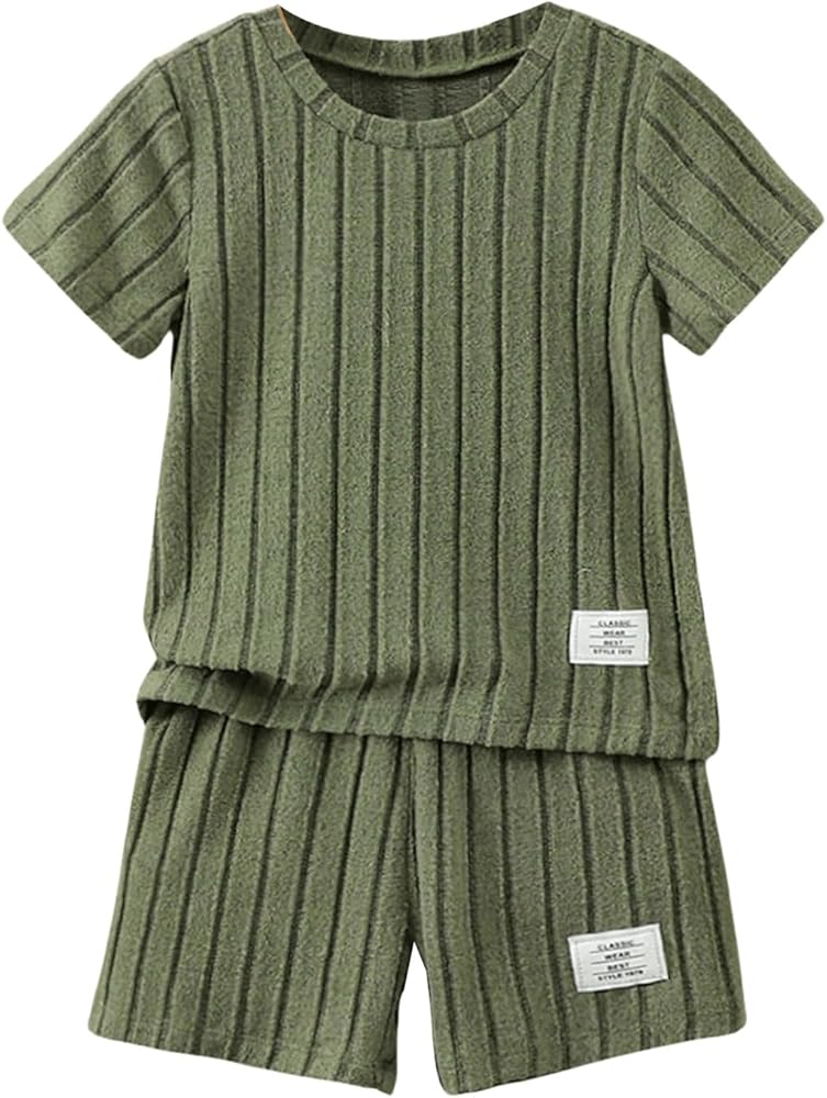 Verdusa Toddler Boy's 2 Piece Outfits Ribbed Knit Round Neck Short Sleeve Tee Top and Shorts Set