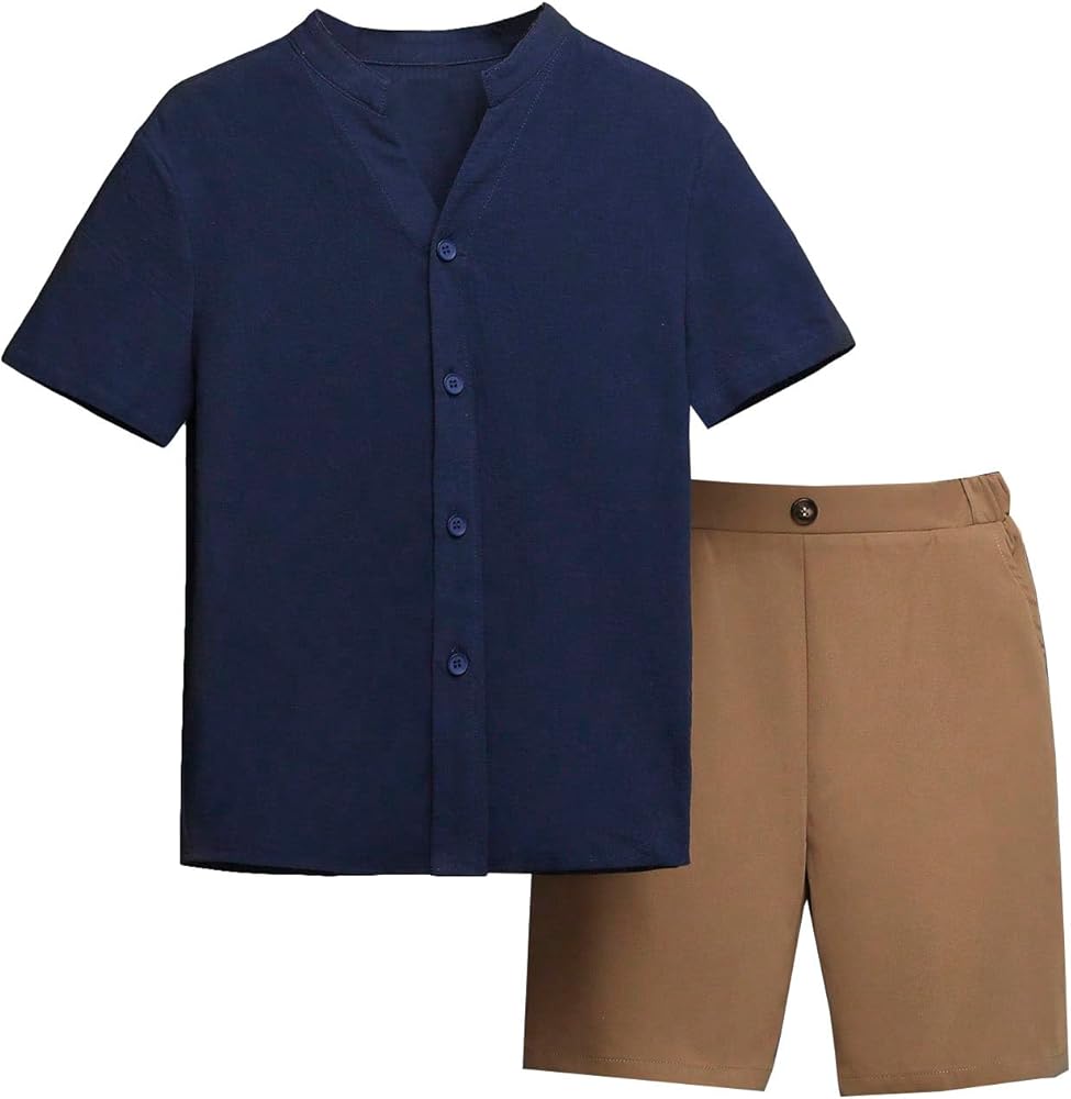 Verdusa Boy's 2 Piece Outfit Notch Neck Button Front Shirt Top and Shorts