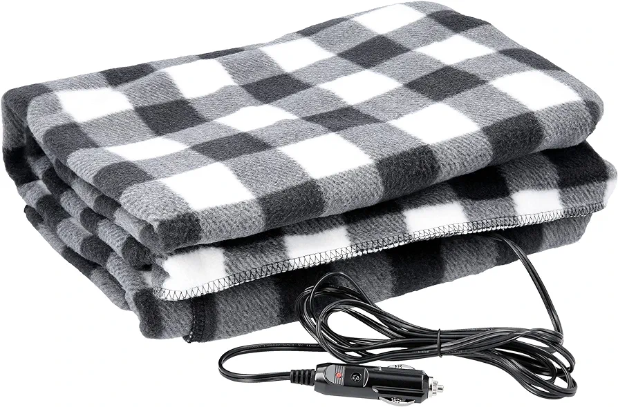 Heated Car Blanket - 12-Volt Electric Blanket for Car, Truck, SUV, or RV - Portable Heated Throw - Camping Essentials by Stalwart (Black Plaid)