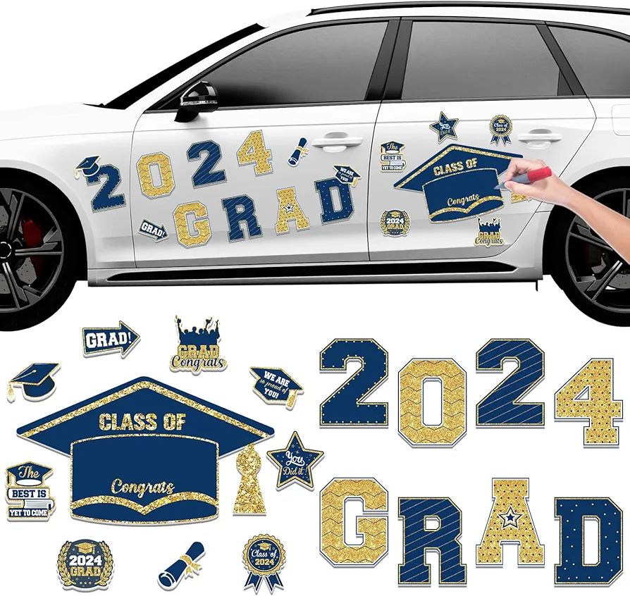 18Pcs Graduation Car Magnets Blue Gold Grad 2024 Car Decorations Graduation Magnets Waterproof Congrats Grad Automotive Garage Door Fridge Magnetic Sticker for Class of 2024 Graduation Party Supplies