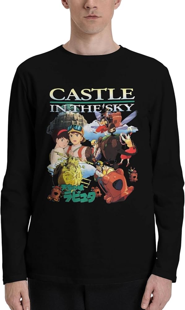 Anime Castle in The Sky T Shirt Men's Summer O-Neck T-Shirts Casual Long Sleeve Tee Black