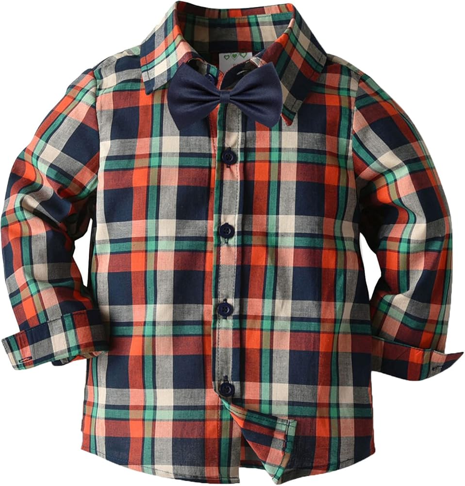 Toddler Boys Long Sleeve Winter Autumn Bow Tie Shirt Tops Coat Outwear for Babys Clothes Plaid Red Blue Boy