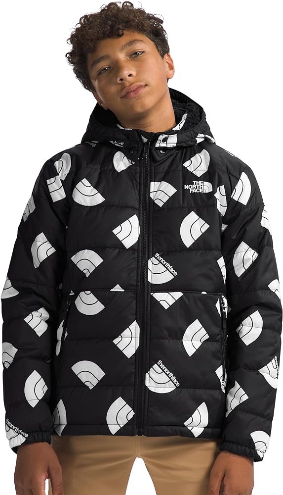 THE NORTH FACE Boys Reversible Mt Chimbo Full Zip Hooded Jacket, M, TNF Black Next Gen Logo Print