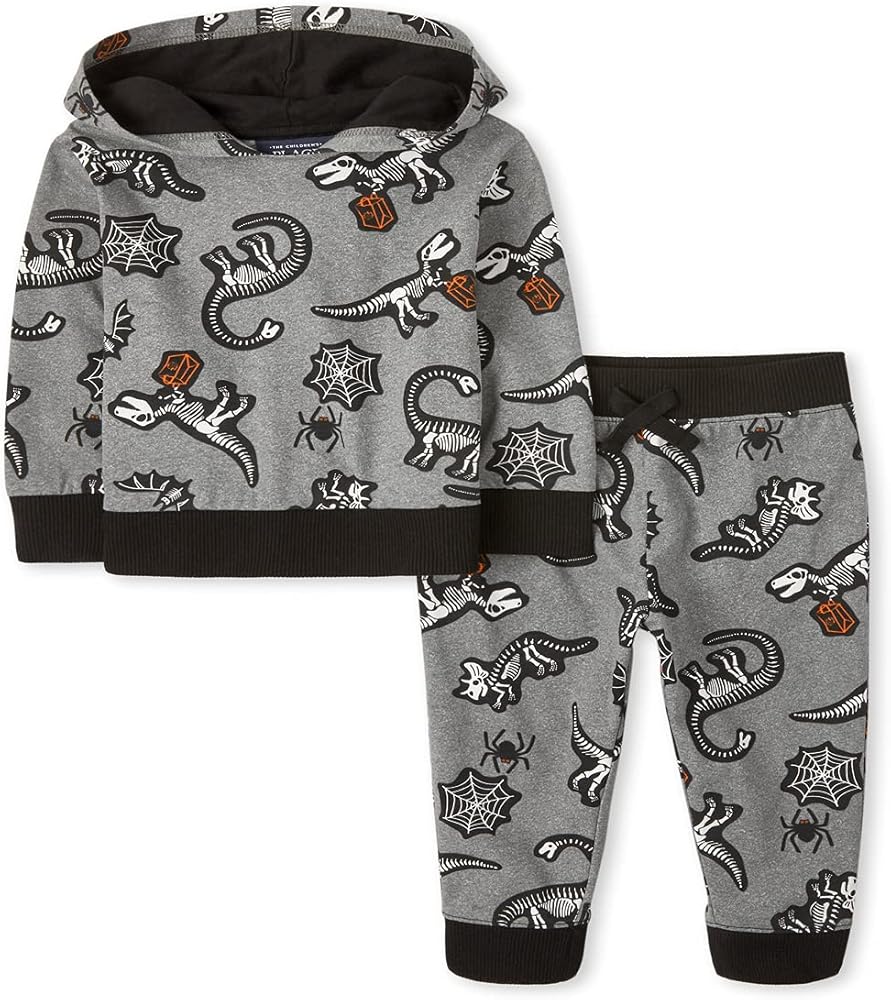 The Children's Place Baby Toddler Boy Halloween Long Sleeve Skeleton Dino Print Hoodie and Fleece Jogger Pants 2-Piece Set