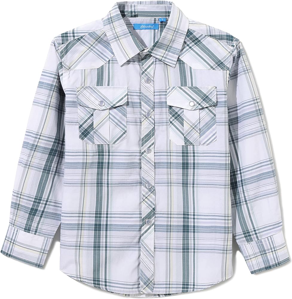 Boy's Toddler Kids Casual Long Sleeve Western Pearl Snap Button Up Plaid Shirt 4-16 Years