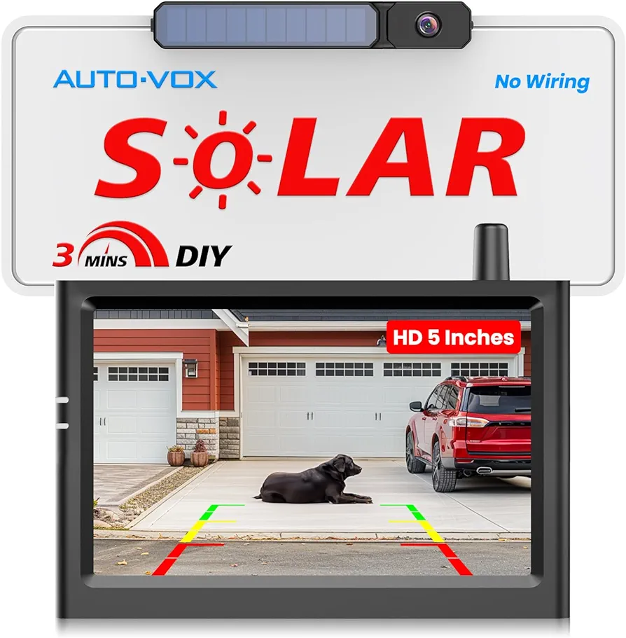 AUTO-VOX Solar Wireless Backup Camera with 5" HD Monitor,3 Mins DIY Installation & Battery Powered Back Up Camera Systems, IP69K Waterproof Reverse Camera for Car/Van/SUV/Truck/Trailer