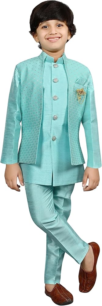 AHHAAAA Kids Indian Ethnic Silk Blend Bollywood Style Indo-Western Sherwani Set For Boys