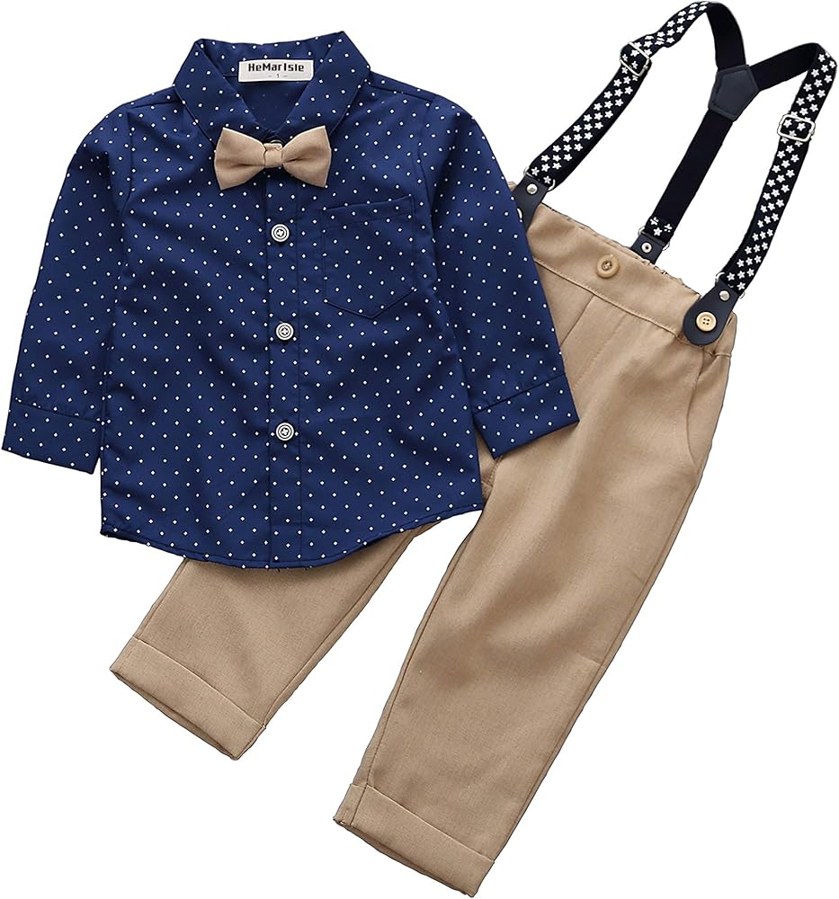 Baby Toddler Boy Formal Gentleman Suits,Dress Short Shirt with Bowtie+Suspender Pants Dressy Outfit