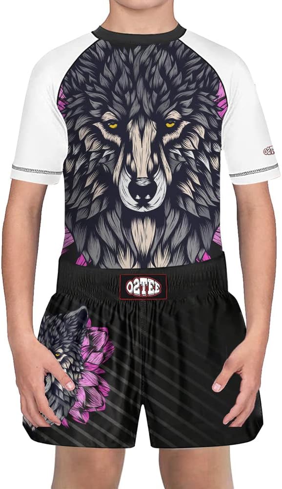 O2TEE Kids Boys Girls Jiu Jitsu Grappling Rash Guard Shorts Set for Club Students Members,Wolf XXL (Age 10)