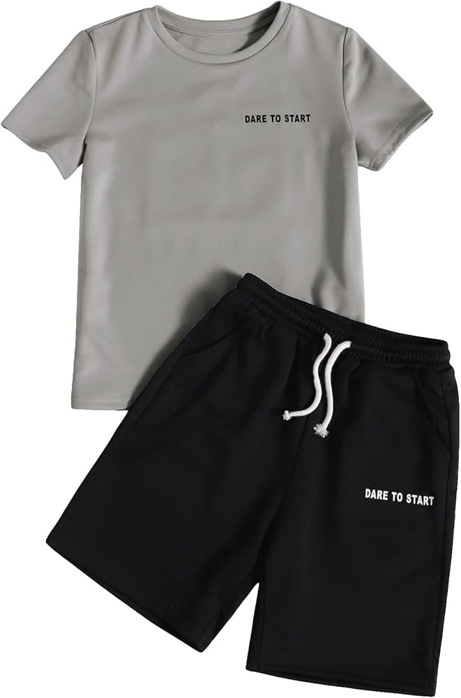 Floerns Boy's 2 Piece Outfit Slogan Print Tee Shirts Drawstring Waist Shorts Set