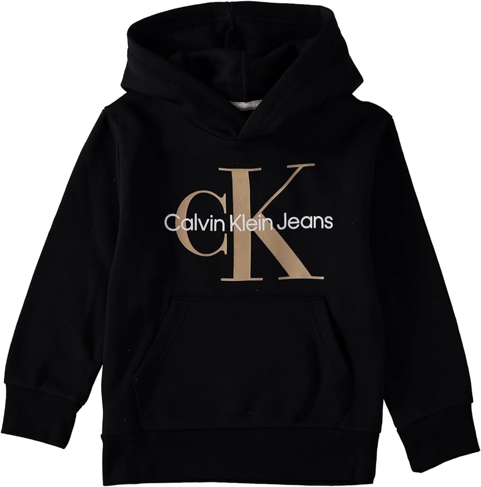 Calvin Klein Boys' Performance Long Sleeve Pullover Hoodie, Black with Gold, 5