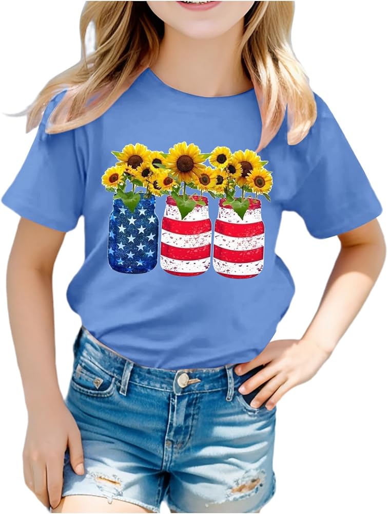 Boys Girls 4th of July Toddler Tees 3D Graphic Printed T-Shirts Cute Short Sleeve Crew Neck Independence Day Tops Tees 3-10 Years,Toddler Boy 4Th of July,4Th of July Shirts Toddler Boy Light Blue