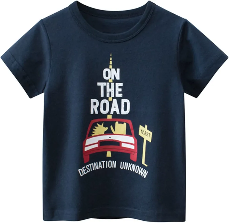 Lykmera Shirts for Baby Kids Baby Boys Girls Cars Print Short Sleeve Crewneck T Shirts Tops Tee Clothes for Children (Navy, 4-5 Years)