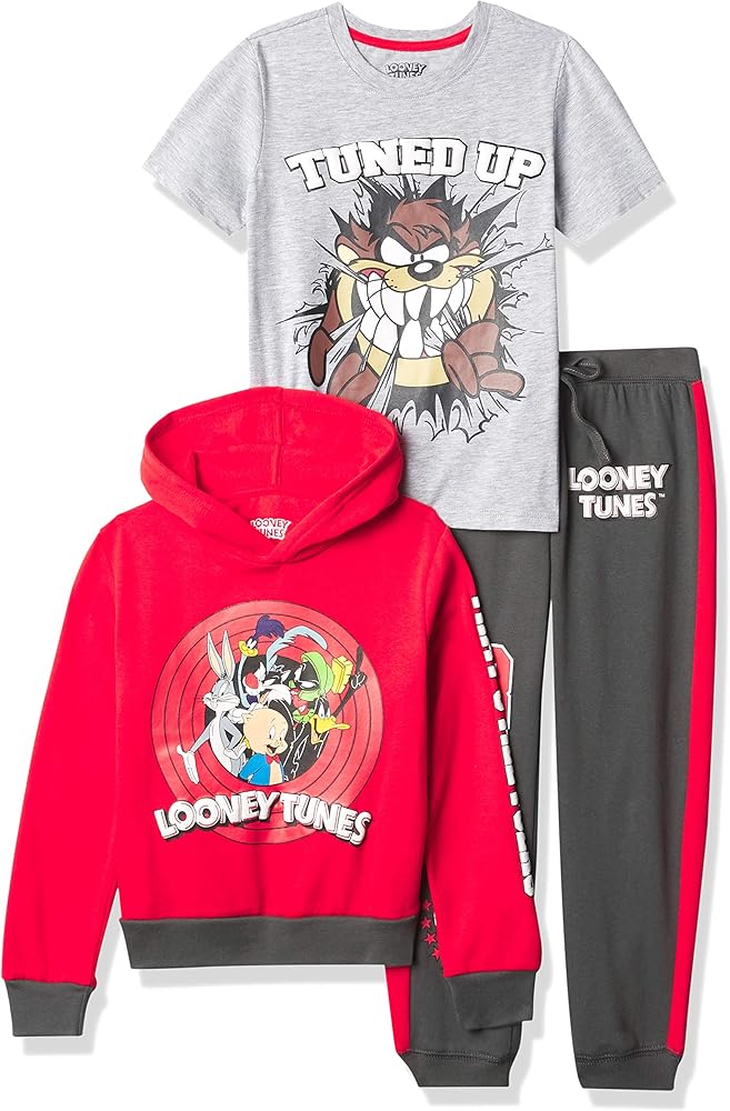 LOONEY TUNES boys Looney Tunes Graphic Hoodie, T-shirt, & Jogger Sweatpant, 3-piece Athleisure Outfit Bundle Set - Boy T Shirt, Red/Charcoal/H.grey, 8 US