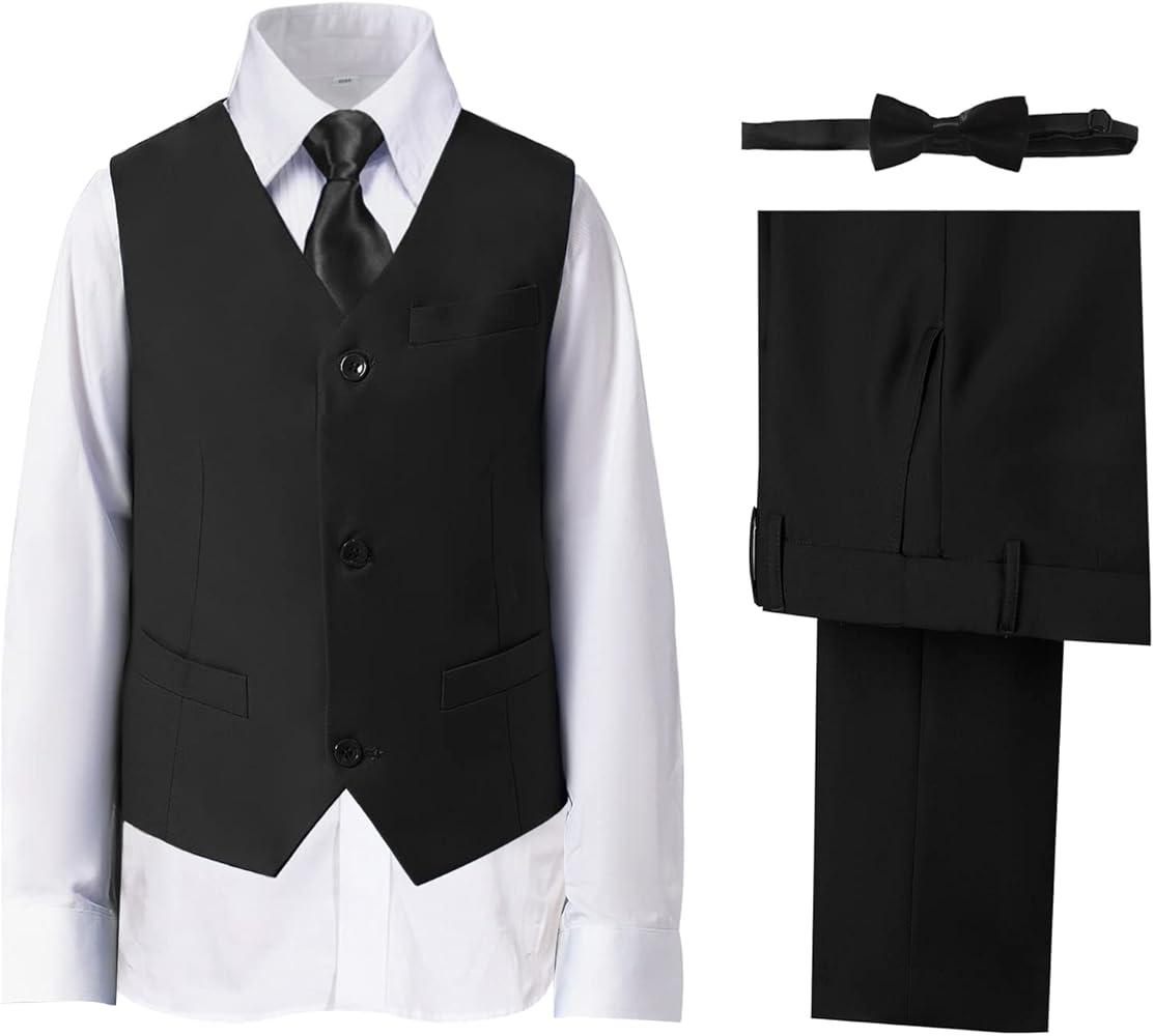 Boys' Suits Formal Slim Fit Tuxedo Boys Vest and Pants Set for Teens Dress Clothes Wedding Outfit with Tie and Bow Tie