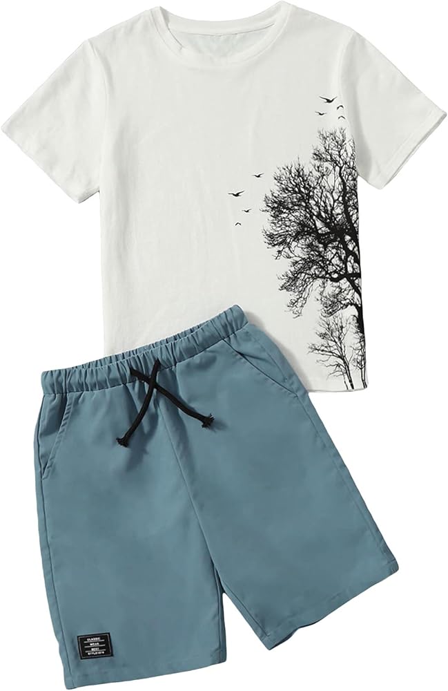 OYOANGLE Boy's 2 Piece Outfits Casual Graphic Short Sleeve Tee Shirt and Shorts Set