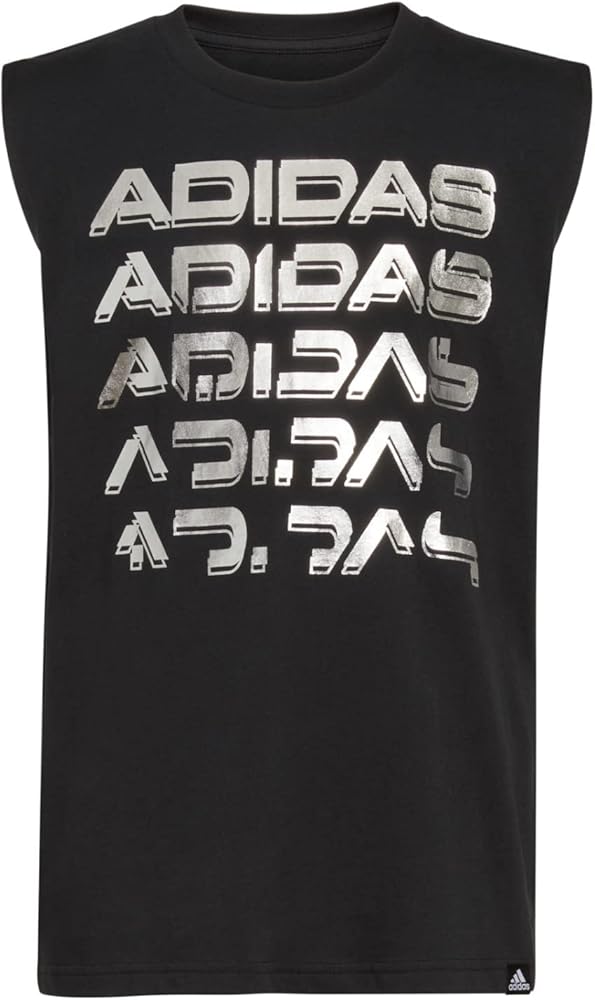 adidas Boys Active Muscle Tee Sport Logo Tank (Black with Silver, Large)