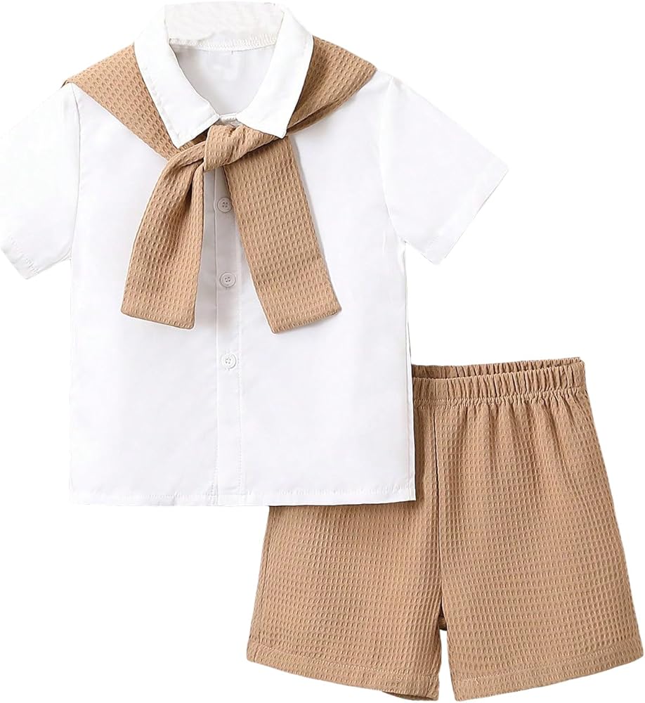 Boy's 3 Piece Solid Short Sleeve Collar Neck Button Front Blouse Shirt Top and Track Shorts Sets with Shawl