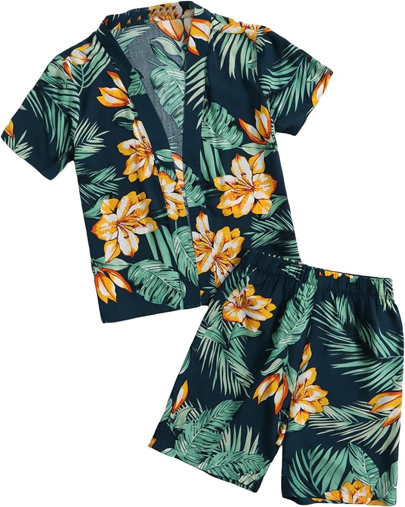 SHENHE Boy's 2 Piece Outfits Tropical Print Open Front Short Sleeve Shirt and Shorts Set Green 10Y