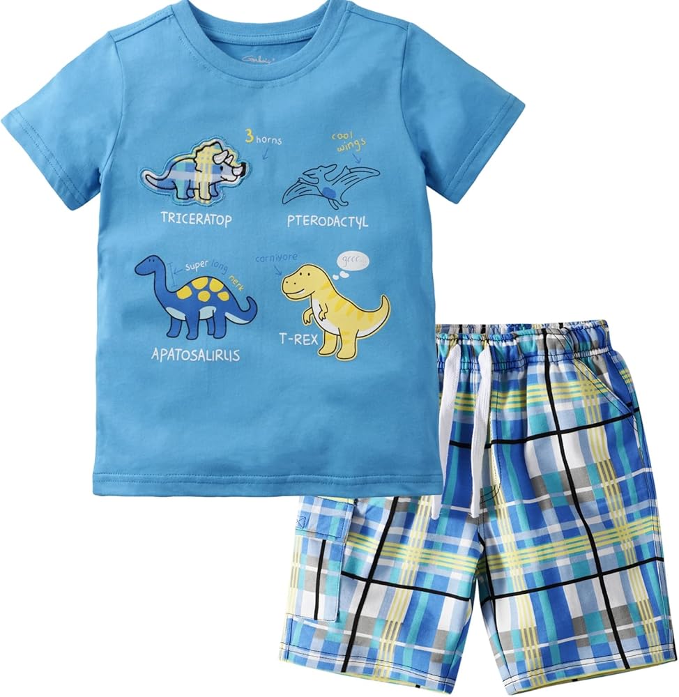 Gorboig Toddler Boy Clothes Little Boys Summer Outfits Short Sleeve Clothing Dinosaur T-Shirt & Shorts Sets 2-7T