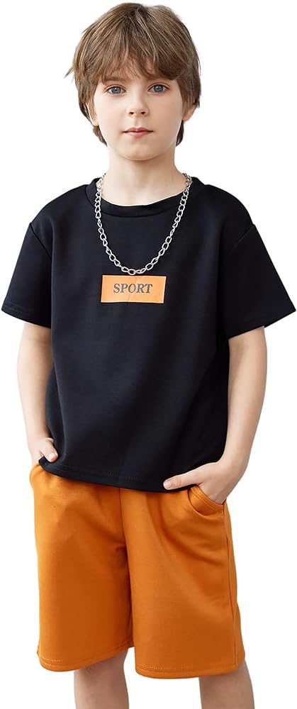 Arshiner Boys Drop Shoulder T-Shirt & Drawstring Waist Shorts with Chain Necklace Summer Casual Outfits (5-12 Years)