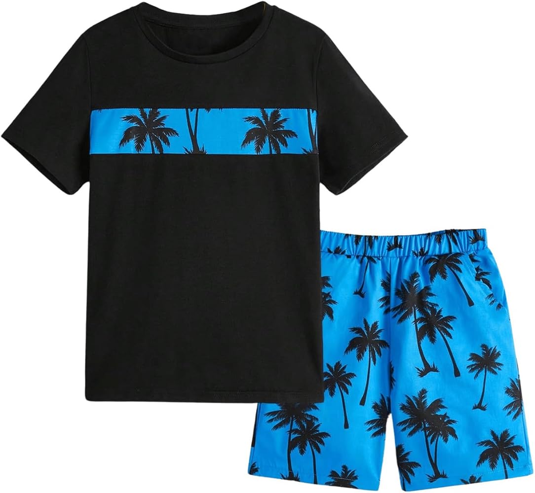 Verdusa Boy's 2 Piece Outfit Summer Color Block Short Sleeve Tee and Shorts Set