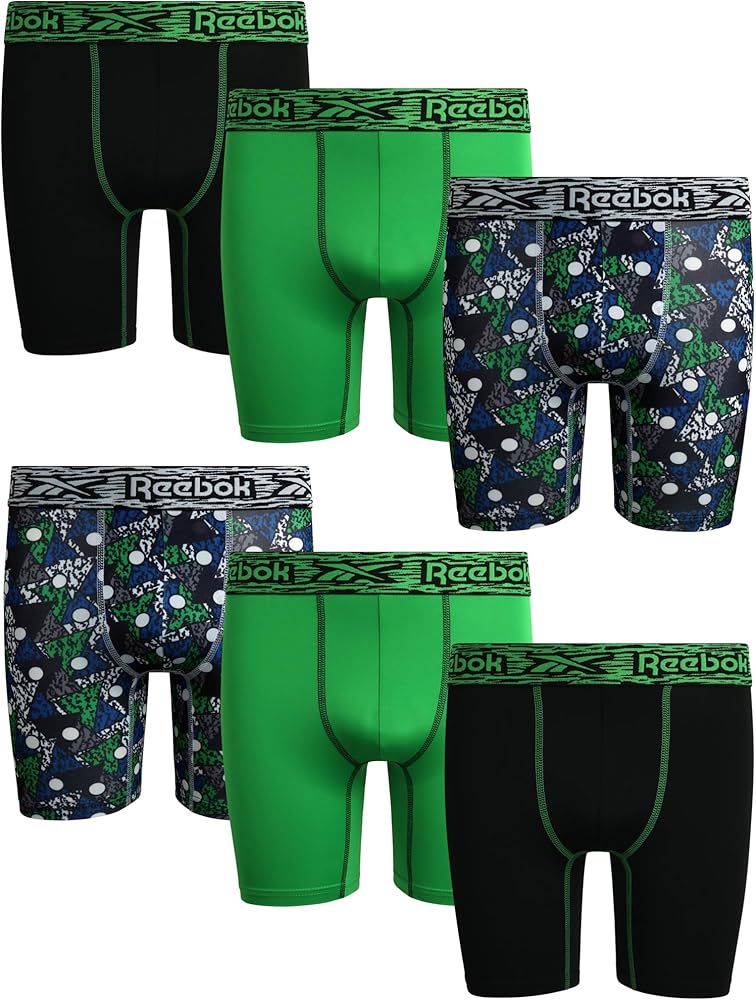 Reebok Boys Boxer Briefs- 6 Pack Long Leg Athletic Performance Stretch Boys Underwear - Breathable Boxers for Boys (6-18)