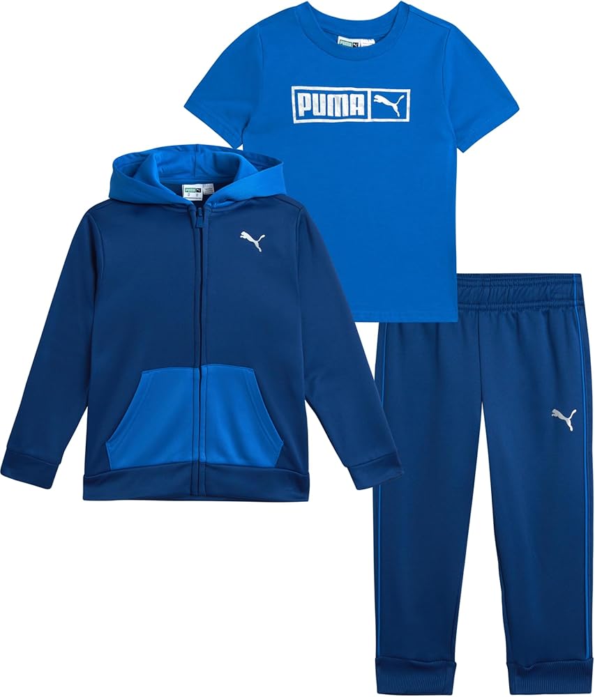 PUMA Toddler Boys Pants Set - 3 Piece Active T-Shirt, Hoodie Sweatshirt, Jogger Pants - Boys Activewear Fleece Jogset (2T-4T)