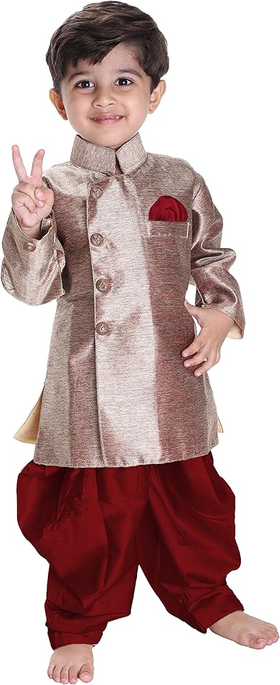 JBN Creation Boys' Gold Cotton Blend Sherwani Style Kurta Set(VASBSW121MA)