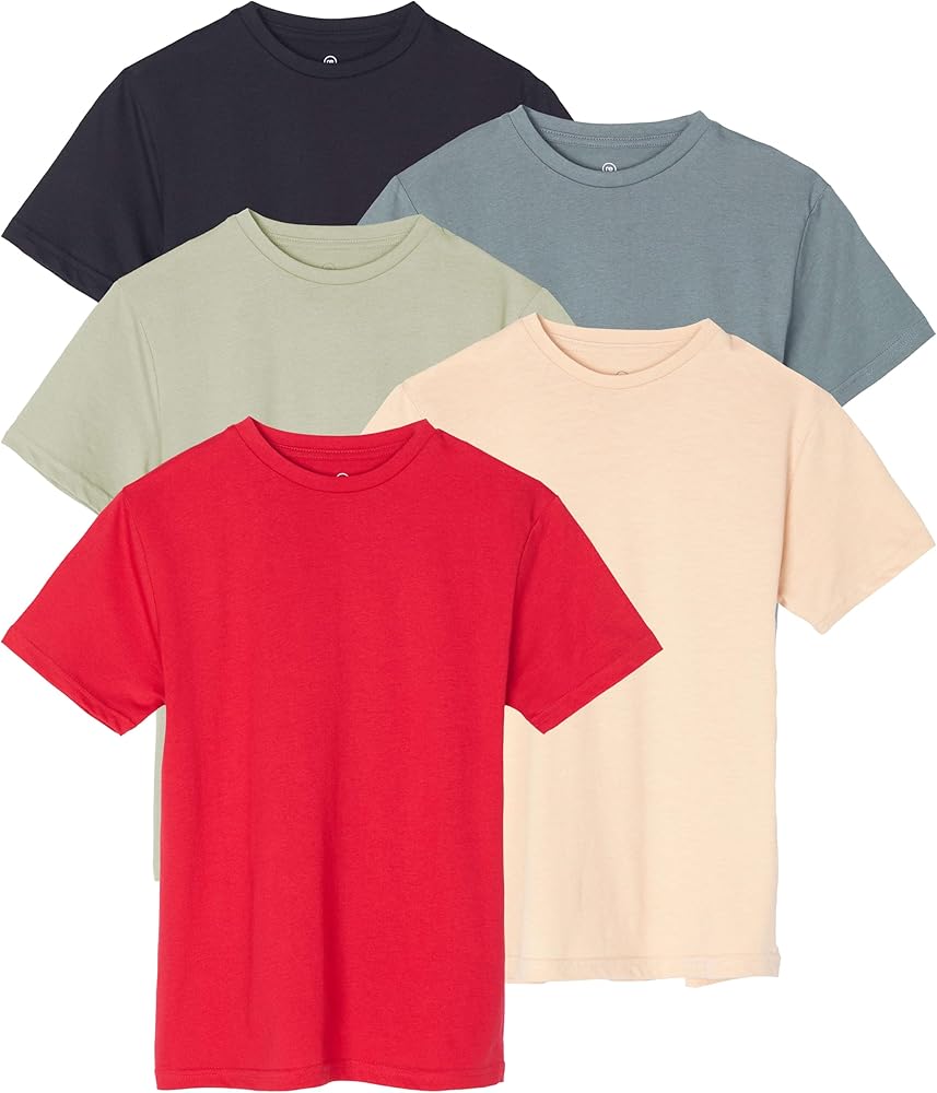 Real Essentials 5 Pack: Boys' Cotton Short Sleeve Crew Neck T-Shirts Outdoor (Ages 4-18)