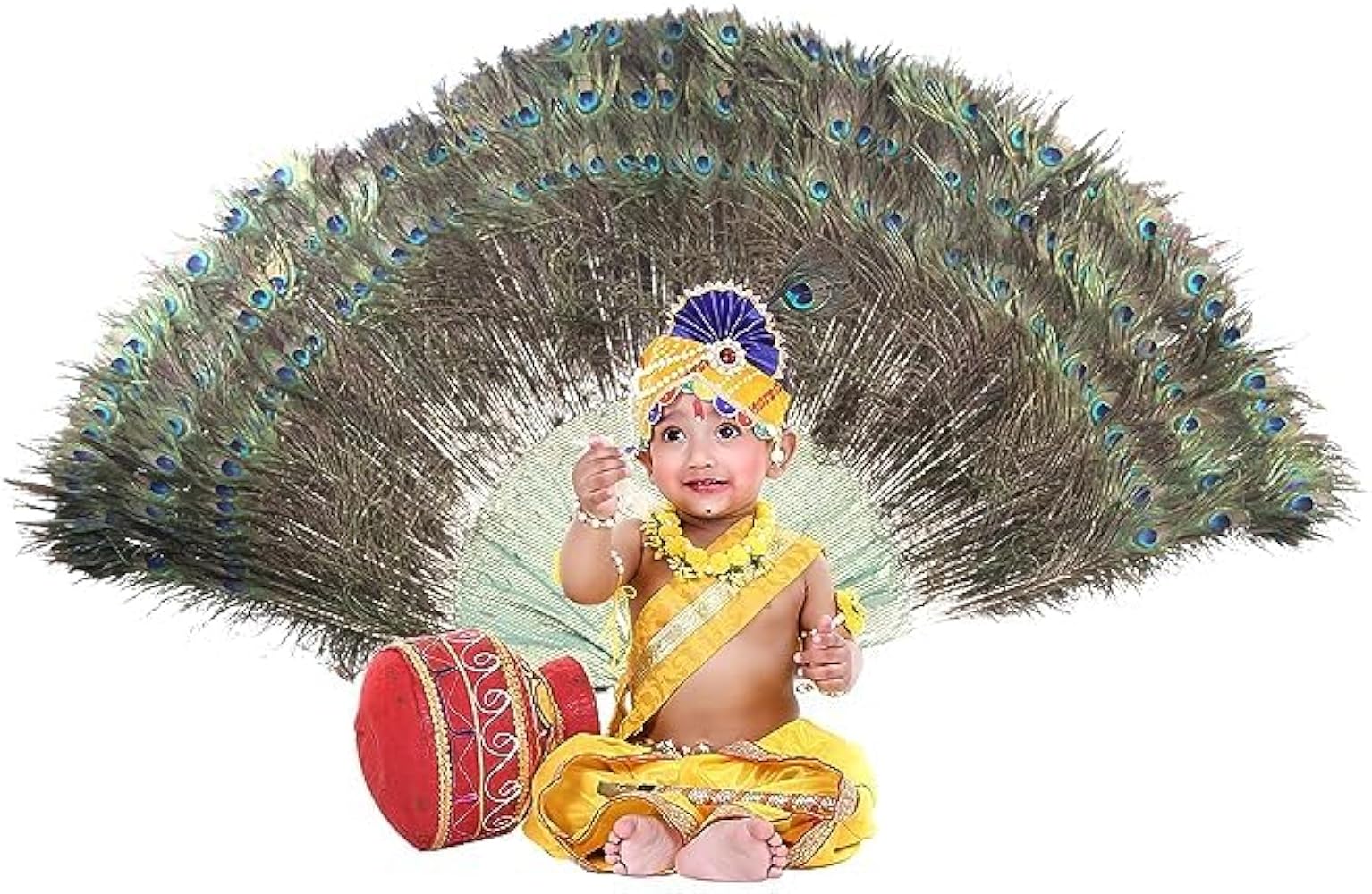 Shri Krishna Dress for Dhoti and Dupatta Baby Boy Kids Set Cover,Mukut,Morpankh,Bansuri Kundal Little Krishna Ji Kanha Janmasthmi Wear Gift 1 to 5 year kids