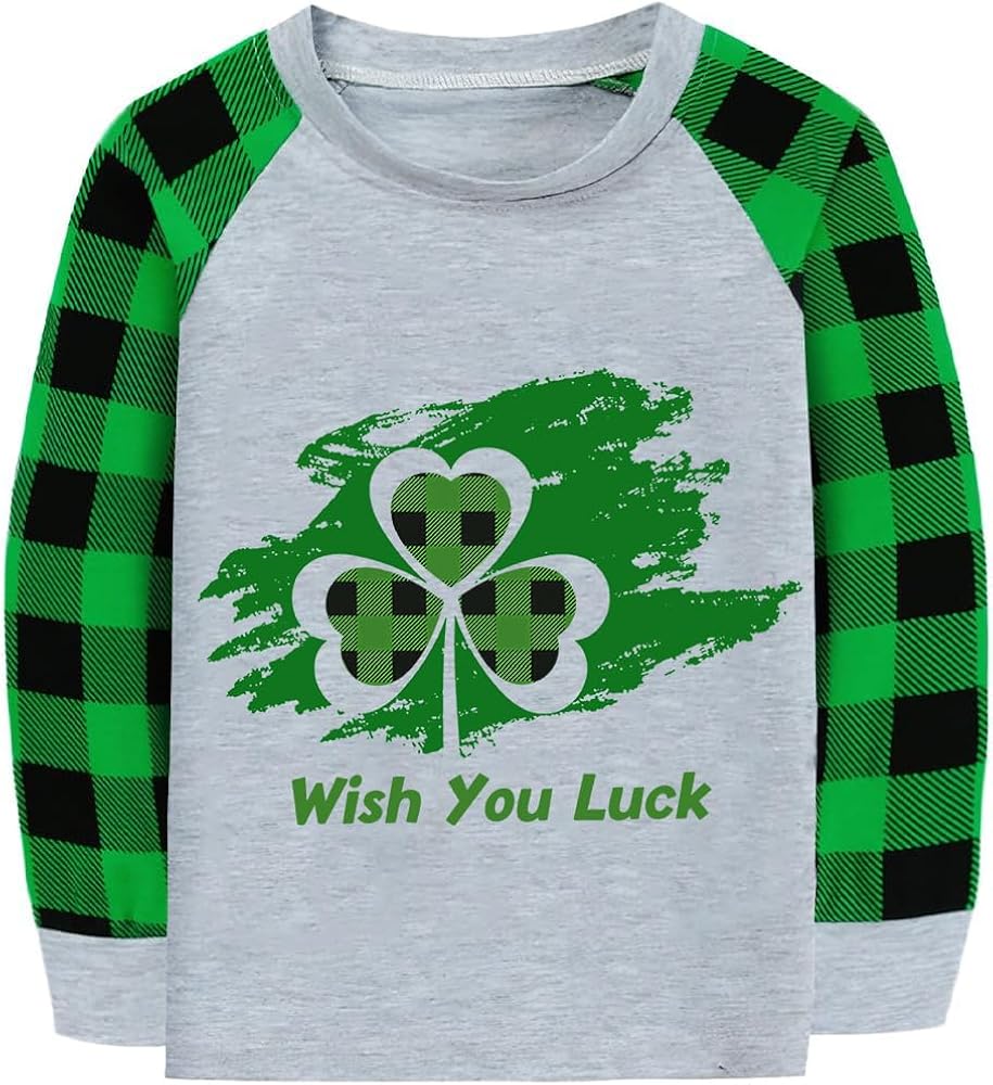 Boys Girls St. Patrick's Day Shirts Clover Long Sleeve T Shirt Shamrock Heart Plaid Raglan Sleeve Clothes Top 2-7 Years