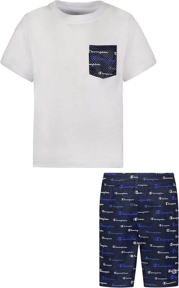 Champion Little Boys 2-7 Short Sets Mesh and French Terry Shorts (4, White/Navy AOP)