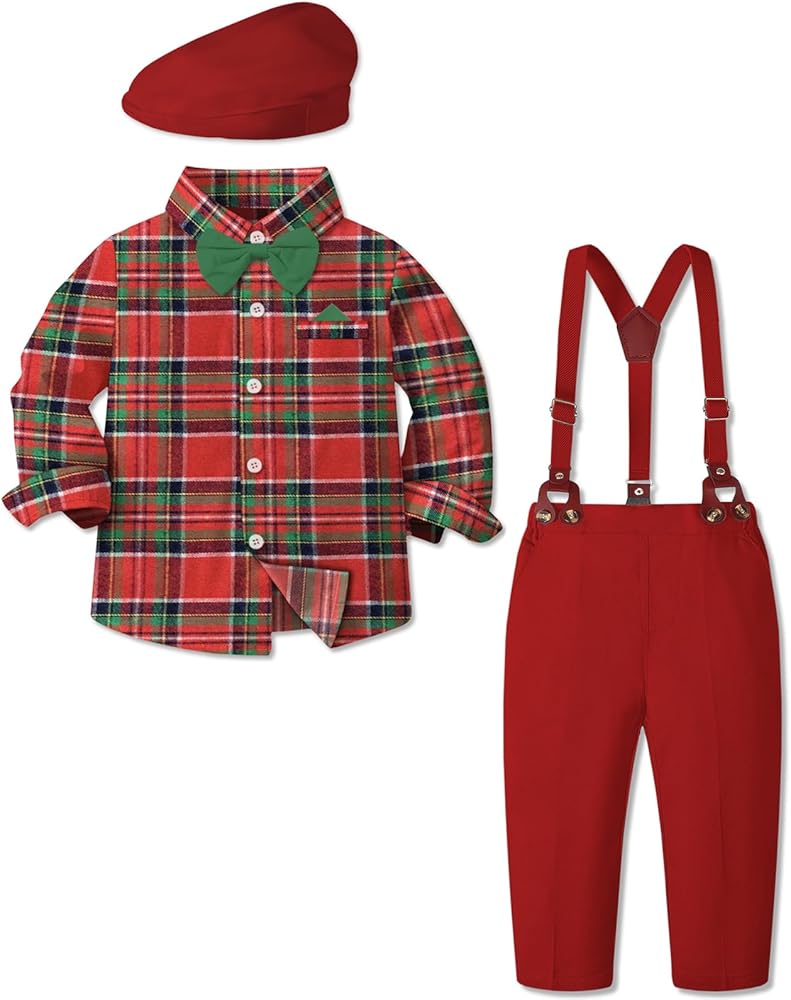 SANGTREE Boys Clothes Set, Shirt with Bow Tie + Beret Hat + Suspender Pants Sets, 3 Months - 9 Years