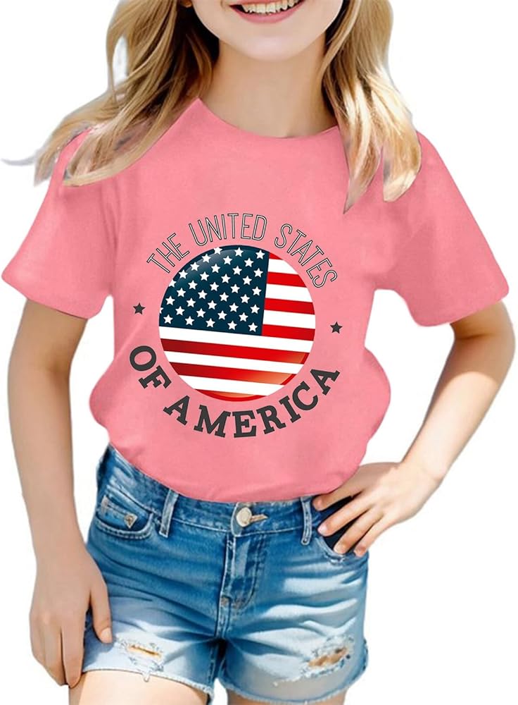 Kids Fourth of July Shirts Short Sleeve Stars Stripes Graphic T-Shirts Summer Causal Independence Day Tee Tops