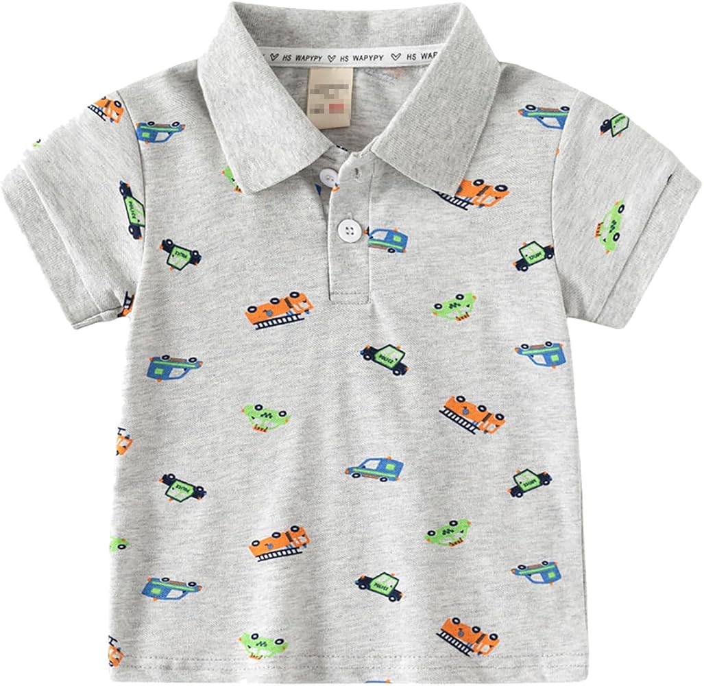 Kids Boys Short Sleeve Polo Shirt Cute Cartoon Car Print Shirt Tops Casual Turndown Collar Button V Neck Tee Tops