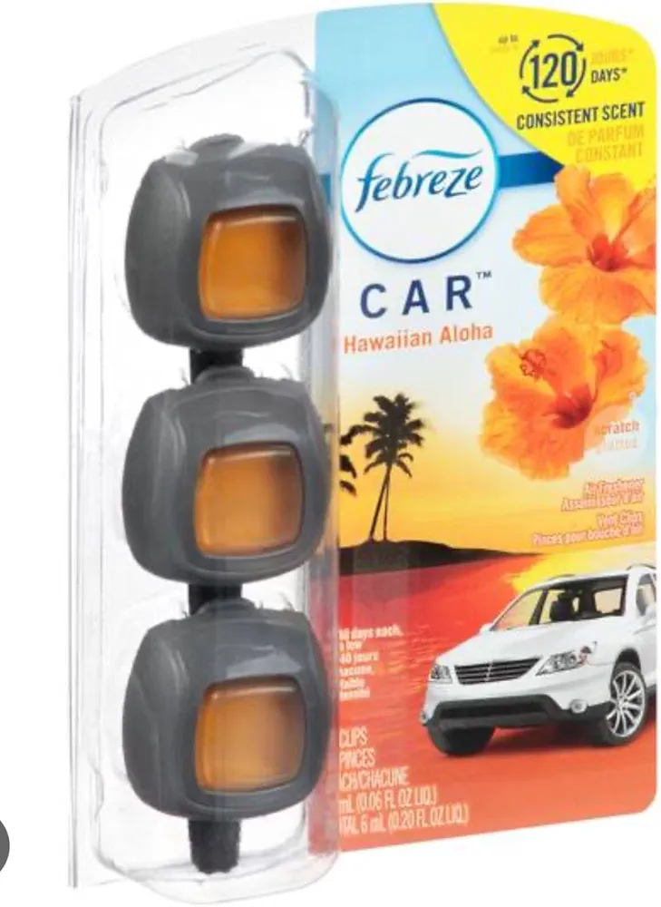 Febreze Car Odor Eliminating Air Freshener Vent Clip, Hawaiian Aloha, Pack of 3, 06 Oz.